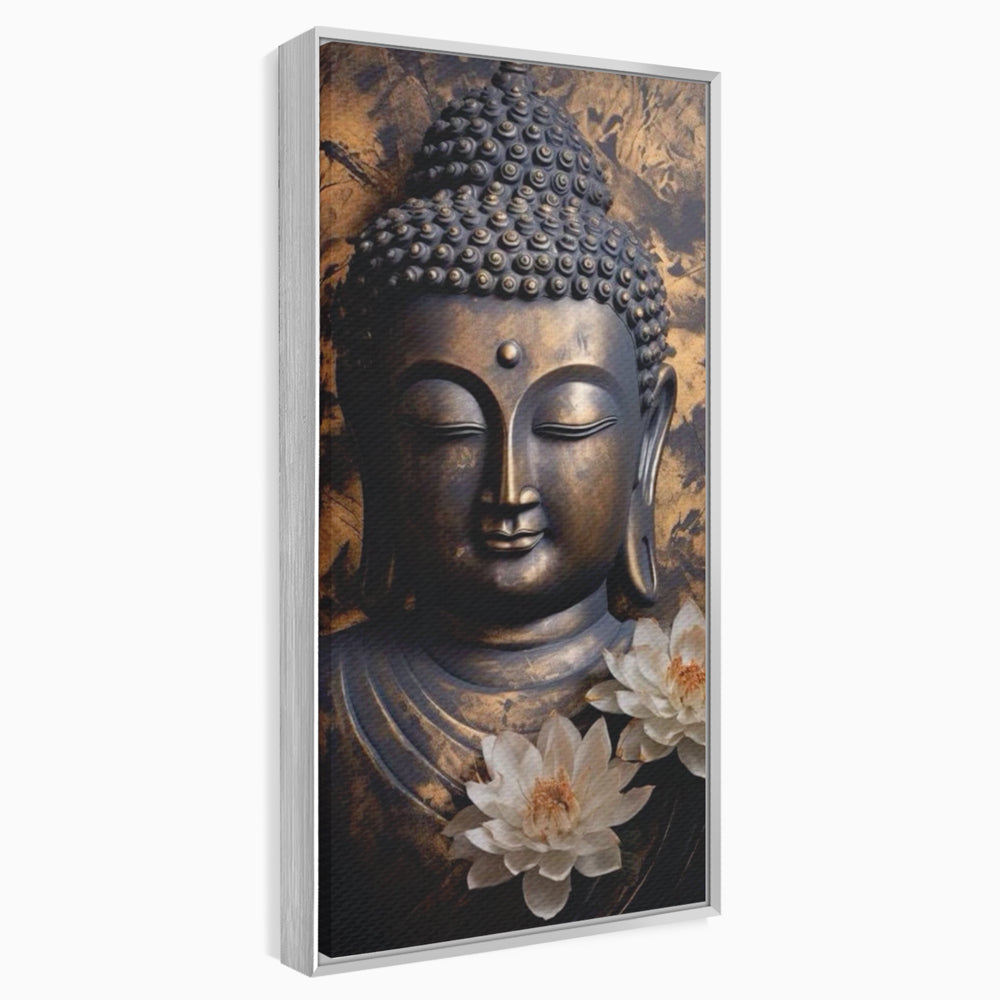 Tablou canvas cu tablou canvas cu buddha si flori de lotus, in rama de aluminiu argintiu